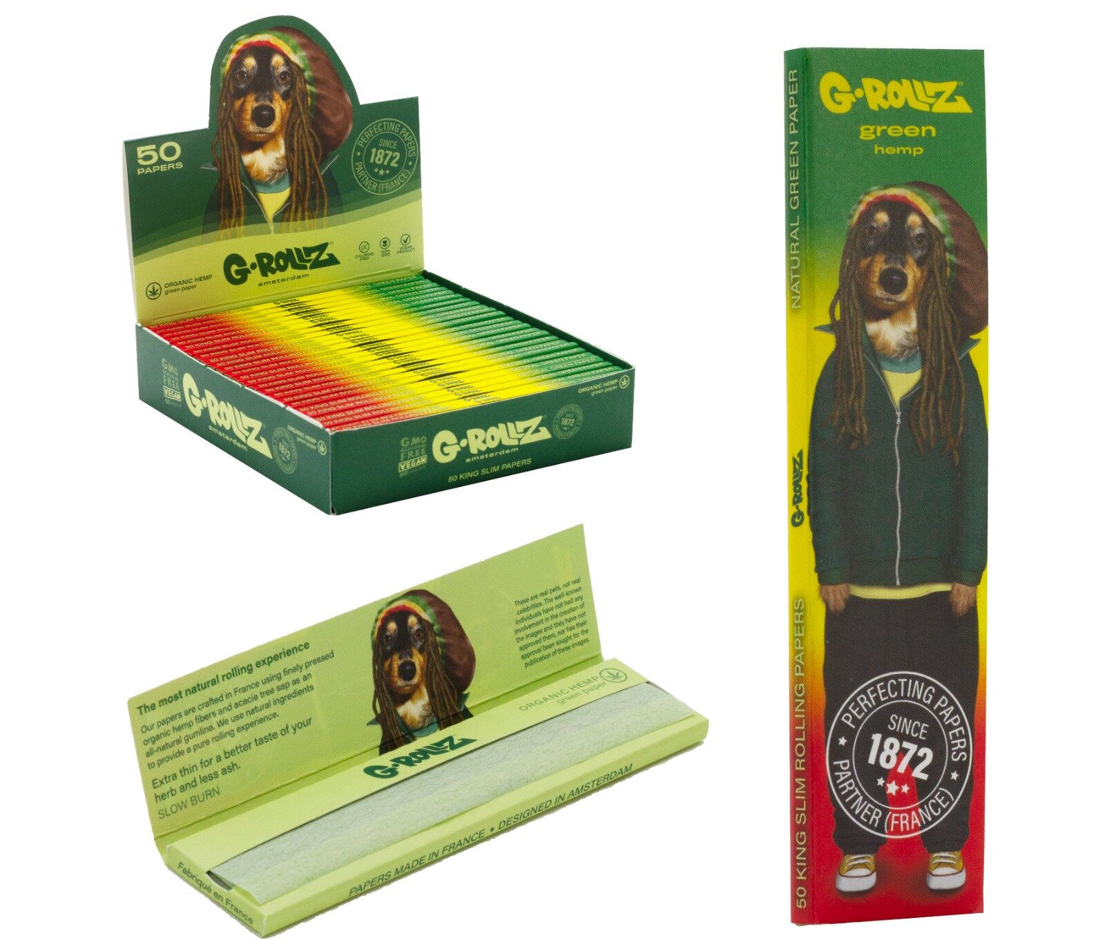 G-Rollz - Pets Rock - Reggae - Green Organic Hemp - 50 KS Slim Papers - 25er Display